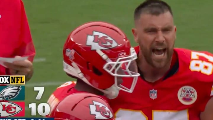 Travis Kelce was worked up on the Chiefs' sideline during their Super Bowl rematch with the Eagles. 