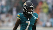 Dec 7, 2025; Jacksonville, Florida, USA;  Jacksonville Jaguars wide receiver Brian Thomas Jr. (7) stands a the line of scrimmage during the second half against the Indianapolis Colts at EverBank Stadium. 