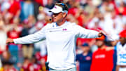 Oct 25, 2025; Norman, Oklahoma, USA;  Ole Miss Rebels head coach Lane Kiffin reacts during the second half against the Oklahoma Sooners at Gaylord Family-Oklahoma Memorial Stadium. Mandatory Credit: Kevin Jairaj-Imagn Images