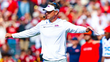 Oct 25, 2025; Norman, Oklahoma, USA;  Ole Miss Rebels head coach Lane Kiffin reacts during the second half against the Oklahoma Sooners at Gaylord Family-Oklahoma Memorial Stadium. Mandatory Credit: Kevin Jairaj-Imagn Images