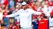 Oct 25, 2025; Norman, Oklahoma, USA;  Ole Miss Rebels head coach Lane Kiffin reacts during the second half against the Oklahoma Sooners at Gaylord Family-Oklahoma Memorial Stadium. Mandatory Credit: Kevin Jairaj-Imagn Images