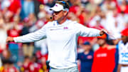Oct 25, 2025; Norman, Oklahoma, USA;  Ole Miss Rebels head coach Lane Kiffin reacts during the second half against the Oklahoma Sooners at Gaylord Family-Oklahoma Memorial Stadium. Mandatory Credit: Kevin Jairaj-Imagn Images