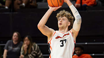 Oregon State's Liutauras Lelevicius (37) shoots the ball during an NCAA basketball game at Gill Coliseum on Saturday, Jan. 4, 2025, in Corvallis, Ore.