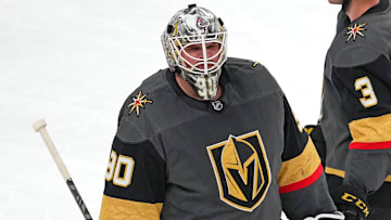 Apr 6, 2022; Las Vegas, Nevada, USA; Vegas Golden Knights goaltender Robin Lehner (90) leaves the ice after the Golden Knights were defeated by the Vancouver Canucks 5-1 at T-Mobile Arena. Mandatory Credit: Stephen R. Sylvanie-Imagn Images