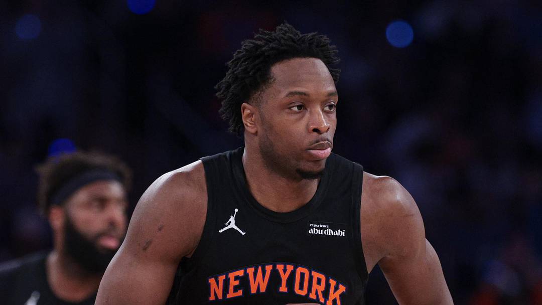 May 21, 2026; New York, New York, USA; New York Knicks forward Og Anunoby (8) runs up court after a basket during the second quarter of the eastern conference finals of the 2026 NBA playoffs against the Cleveland Cavaliers at Madison Square Garden. Mandatory Credit: Vincent Carchietta-Imagn Images