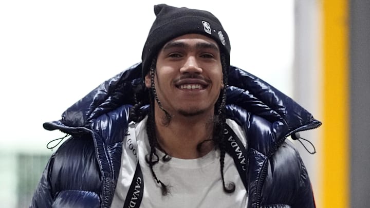 Mar 12, 2025; Portland, Oregon, USA; Portland Trail Blazers guard Dalano Banton (5) arrives to the arena before the game against the New York Knicks at Moda Center. Mandatory Credit: Soobum Im-Imagn Images