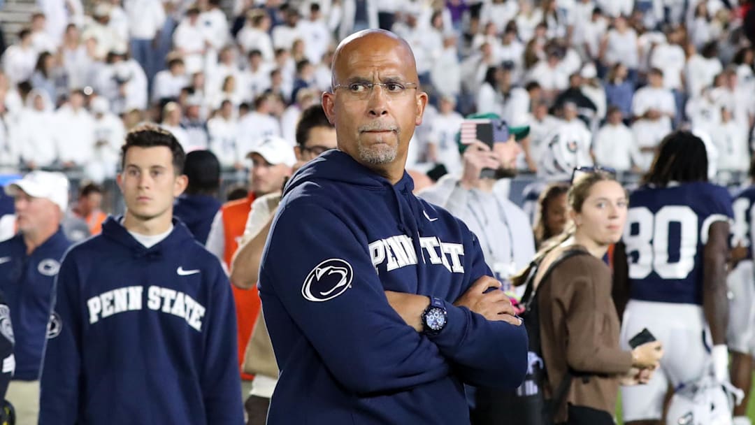 Oct 11, 2025; University Park, Pennsylvania, USA; Penn State Nittany Lions head coach James Franklin stands on the field following the game against the Northwestern Wildcats at Beaver Stadium. Mandatory Credit: Matthew O'Haren-Imagn Images