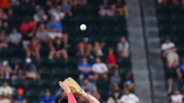 Jul 13, 2024; Arlington, TX, USA;  National League Future  infielder Aidan Miller (10) makes a catch during the fourth inning against the American League Future team during the Major league All-Star Futures game at Globe Life Field.  