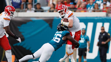 Aug 10, 2024; Jacksonville, Florida, USA; Jacksonville Jaguars linebacker Yasir Abdullah (56) sacks Kansas City Chiefs quarterback Carson Wentz (11) during the first quarter at EverBank Stadium. 