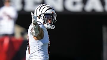 Cincinnati Bengals wide receiver Jermaine Burton (81) celebrates a first down on a deep pass in the second quarter of the NFL Week 8 game between the Cincinnati Bengals and the Philadelphia Eagles at Paycor Stadium in downtown Cincinnati on Sunday, Oct. 27, 2024.