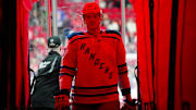 Apr 12, 2025; Raleigh, North Carolina, USA;  New York Rangers center Matt Rempe (73) comes off the ice after warmups before the game against the Carolina Hurricanes at Lenovo Center. Mandatory Credit: James Guillory-Imagn Images