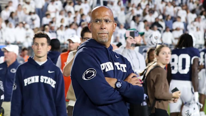 Oct 11, 2025; University Park, Pennsylvania, USA; Penn State Nittany Lions head coach James Franklin stands on the field following the game against the Northwestern Wildcats at Beaver Stadium. Mandatory Credit: Matthew O'Haren-Imagn Images