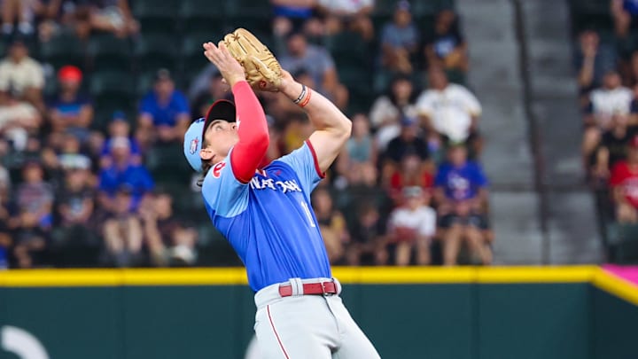 Jul 13, 2024; Arlington, TX, USA; National League Future infielder Aidan Miller (10) makes a catch during the fourth inning against the American League Future team during the Major league All-Star Futures game at Globe Life Field. Jul 13, 2024; Arlington, TX, USA; National League Future infielder Aidan Miller (10) makes a catch during the fourth inning against the American League Future team during the Major league All-Star Futures game at Globe Life Field.