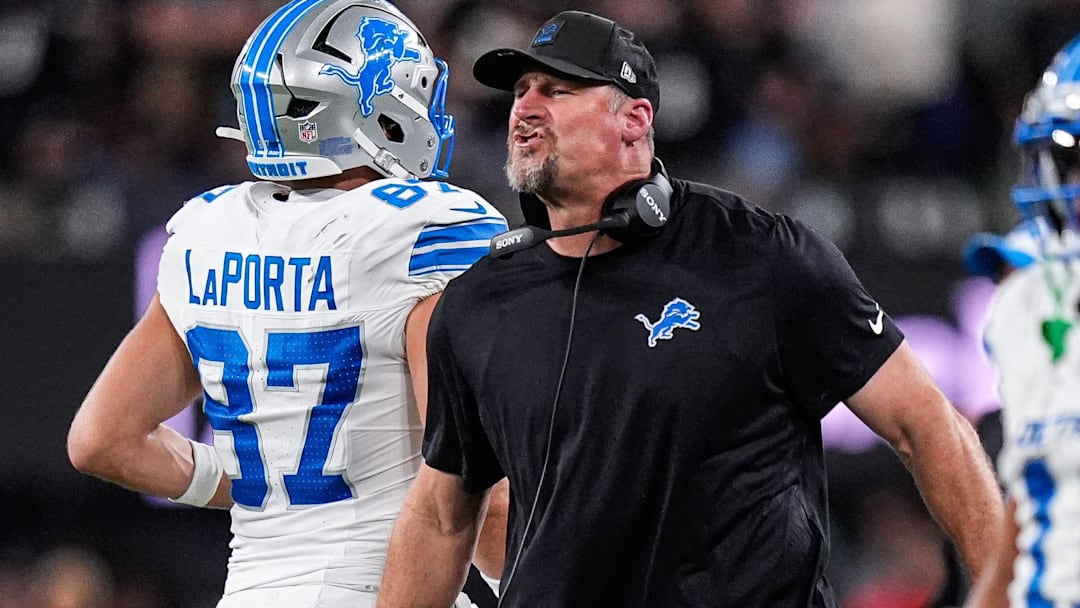 Detroit Lions head coach Dan Campbell celebrates a touchdown against the Baltimore Ravens scored by running back Jahmyr Gibbs (not in the photo) during the second half at M&T Bank Stadium in Baltimore, Md., on Monday, Sept. 22, 2025.