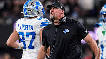 Detroit Lions head coach Dan Campbell celebrates a touchdown against the Baltimore Ravens scored by running back Jahmyr Gibbs (not in the photo) during the second half at M&T Bank Stadium in Baltimore, Md., on Monday, Sept. 22, 2025.