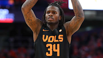 Dec 2, 2025; Syracuse, New York, USA; Tennessee Volunteers forward Felix Okpara (34) scans the court against the Syracuse Orange during the first half at the JMA Wireless Dome. Mandatory Credit: Rich Barnes-Imagn Images