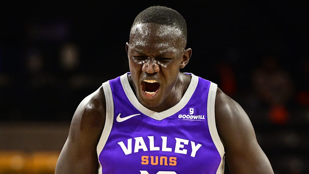 Khaman Maluach reacts during a game played for the Valley Suns of the NBA G League. Khaman Maluach reacts during a game played for the Valley Suns of the NBA G League.