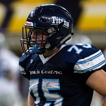 Lewis Central's Logan Jones (75) looks on during a Class 3A semi finals on Thursday, Nov. 8, 2018, at the UNI-Dome in Cedar Falls.