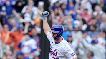 Apr 4, 2025; New York City, New York, USA; New York Mets first baseman Pete Alonso (20) rounds the bases after hitting a two run home run against the Toronto Blue Jays during the first inning at Citi Field. Mandatory Credit: Brad Penner-Imagn Images