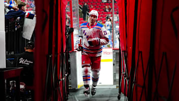 Apr 12, 2025; Raleigh, North Carolina, USA;  New York Rangers left wing Chris Kreider (20) comes off the ice after warmups before the game against the Carolina Hurricanes at Lenovo Center. Mandatory Credit: James Guillory-Imagn Images