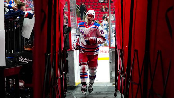 Apr 12, 2025; Raleigh, North Carolina, USA;  New York Rangers left wing Chris Kreider (20) comes off the ice after warmups before the game against the Carolina Hurricanes at Lenovo Center. Mandatory Credit: James Guillory-Imagn Images