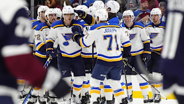 Mar 29, 2025; Denver, Colorado, USA; Members of the St. Louis Blues celebrate defeating the Colorado Avalanche at Ball Arena. Mandatory Credit: Ron Chenoy-Imagn Images