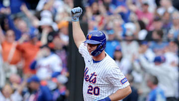 Apr 4, 2025; New York City, New York, USA; New York Mets first baseman Pete Alonso (20) rounds the bases after hitting a two run home run against the Toronto Blue Jays during the first inning at Citi Field. Mandatory Credit: Brad Penner-Imagn Images