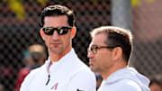 Arizona Diamondbacks Executive Vice President and General Manager Mike Hazen and Senior Vice President & Assistant General Manager Amiel Sawdaye (right) during spring training practice at Salt River Fields at Talking Stick in Phoenix on Feb. 13, 2025.