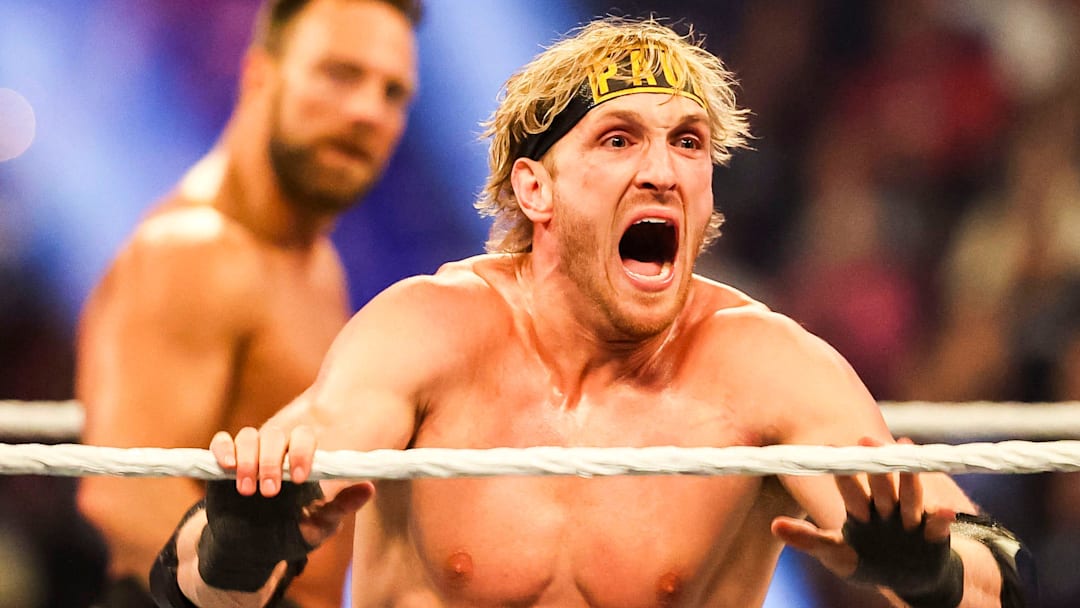 Logan Paul yells in celebration Saturday, Feb. 1, 2025, during the WWE Royal Rumble at Lucas Oil Stadium in Indianapolis.