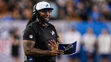 Detroit Lions defensive coordinator Kelvin Sheppard reacts to a play against LA Chargers during the second half of the Hall of Fame Game at Tom Benson Hall of Fame Stadium in Canton, Ohio on Thursday, July 31, 2025.