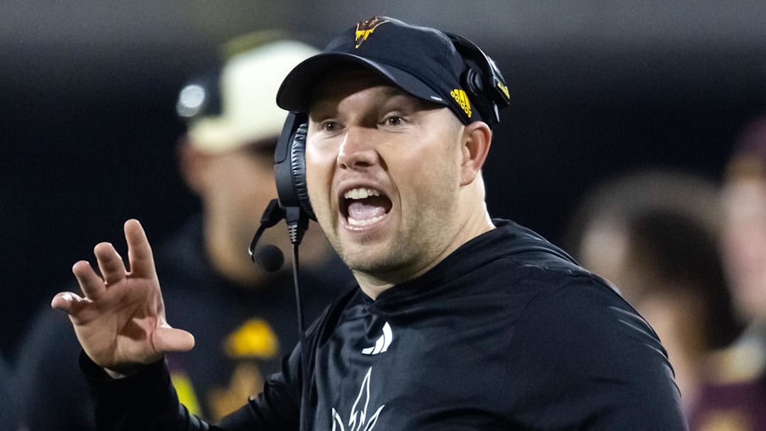Nov 28, 2025; Tempe, Arizona, USA; Arizona State Sun Devils head coach Kenny Dillingham reacts against the Arizona Wildcats during the 99th Territorial Cup at Mountain America Stadium. Mandatory Credit: Mark J. Rebilas-Imagn Images