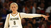 Aug 7, 2025; Phoenix, Arizona, USA; Indiana Fever guard Sophie Cunningham (8) reacts against the Phoenix Mercury during an WNBA game at PHX Arena. Mandatory Credit: Mark J. Rebilas-Imagn Images