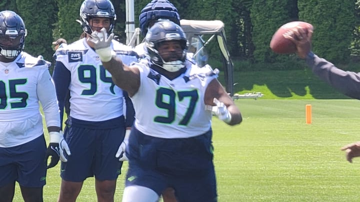 Seattle Seahawks nose tackle Johnathan Hankins looks to make a play on the football during a drill at mandatory minicamp.