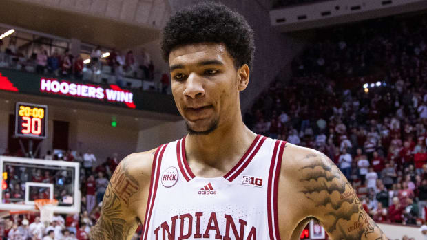 Mar 10, 2024; Bloomington, Indiana, USA; Indiana Hoosiers center Kel'el Ware (1) after the game against the Michigan State Spartans at Simon Skjodt Assembly Hall. Mandatory Credit: Trevor Ruszkowski-USA TODAY Sports