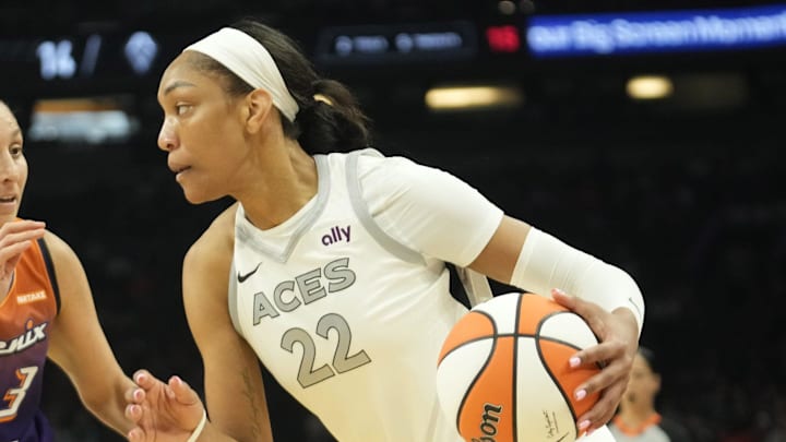 Phoenix Mercury guard Diana Taurasi (3) defends against Las Vegas Aces center A'ja Wilson (22) during the first quarter at Footprint Center on Sept. 1, 2024, in Phoenix.