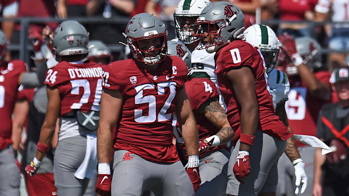Aug 31, 2024; Pullman, Washington, USA; Washington State Cougars linebackers Kyle Thornton (52) and Taariq Al-Uqdah (0) celebrate after a play against the Portland State Vikings in the first half at Gesa Field at Martin Stadium. Mandatory Credit: James Snook-Imagn Images Aug 31, 2024; Pullman, Washington, USA; Washington State Cougars linebackers Kyle Thornton (52) and Taariq Al-Uqdah (0) celebrate after a play against the Portland State Vikings in the first half at Gesa Field at Martin Stadium. Mandatory Credit: James Snook-Imagn Images