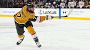 Jan 30, 2025; Las Vegas, Nevada, USA; Vegas Golden Knights defenseman Alex Pietrangelo (7) shoots against the Columbus Blue Jackets during the second period at T-Mobile Arena. Mandatory Credit: Stephen R. Sylvanie-Imagn Images
