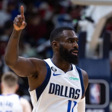 Mar 8, 2023; New Orleans, Louisiana, USA;  Dallas Mavericks forward Tim Hardaway Jr. (11) reacts to a play against the New Orleans Pelicans during the second half at Smoothie King Center. Mandatory Credit: Stephen Lew-USA TODAY Sports