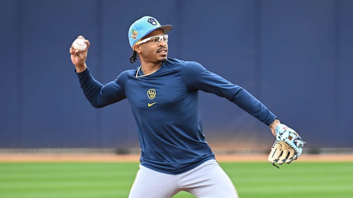 Milwaukee Brewers infeilder/outfielder Greg Jones throws from shortstop during spring training workouts Monday, February 16, 2026, at American Family Fields of Phoenix in Phoenix, Arizona.