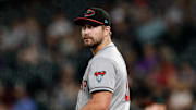 Aug 14, 2025; Denver, Colorado, USA; Arizona Diamondbacks relief pitcher Jalen Beeks (68) in the ninth inning against the Arizona Diamondbacks at Coors Field. Mandatory Credit: Isaiah J. Downing-Imagn Images