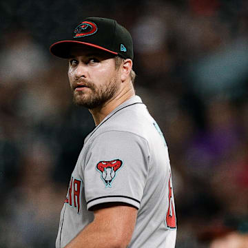Aug 14, 2025; Denver, Colorado, USA; Arizona Diamondbacks relief pitcher Jalen Beeks (68) in the ninth inning against the Arizona Diamondbacks at Coors Field. Mandatory Credit: Isaiah J. Downing-Imagn Images