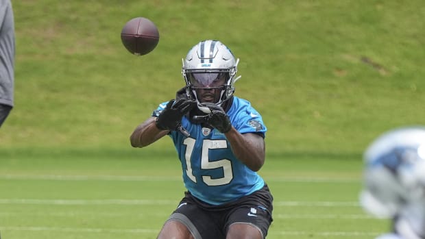 Carolina Panthers wide receiver Jonathan Mingo (15) makes a catch during OTAs. Credit: Jim Dedmon-USA TODAY Sports