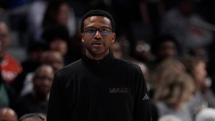 Mar 12, 2026; Charlotte, NC, USA; Miami (FL) Hurricanes head coach Jai Lucas during the first half against the Louisville Cardinals at Spectrum Center. Mandatory Credit: Jim Dedmon-Imagn Images