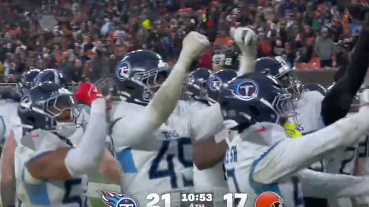 The Titans broke out Shedeur Sanders’s signature celebration after forcing a turnover against the Browns on Sunday. 