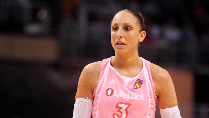 Aug 8, 2010; Phoenix, AZ, USA; Phoenix Mercury guard Diana Taurasi reacts during the second half against the Indiana Fever at US Airways Center.  The Fever defeated the Mercury 104-82.  Mandatory Credit: Jennifer Stewart-Imagn Images