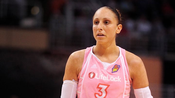 Aug 8, 2010; Phoenix, AZ, USA; Phoenix Mercury guard Diana Taurasi reacts during the second half against the Indiana Fever at US Airways Center.  The Fever defeated the Mercury 104-82.  Mandatory Credit: Jennifer Stewart-Imagn Images