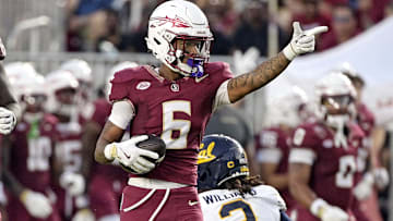 Sep 21, 2024; Tallahassee, Florida, USA; Florida State Seminoles wide receiver Jalen Brown (6) signals first down after a catch during the first half against the California Golden Bears at Doak S. Campbell Stadium. Mandatory Credit: Melina Myers-Imagn Images