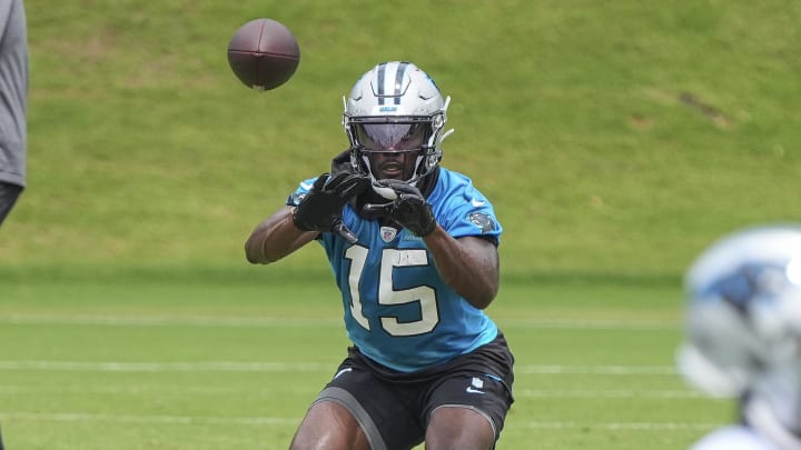 Jun 4, 2024; Charlotte, NC, USA; Carolina Panthers wide receiver Jonathan Mingo (15) makes a catch during OTAs. Mandatory Credit: Jim Dedmon-USA TODAY Sports