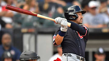 Jul 12, 2025; Chicago, Illinois, USA; Cleveland Guardians left fielder Steven Kwan (38) hits a sacrifice RBI during the seventh inning against the Chicago White Sox at Rate Field.