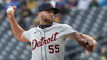 Apr 9, 2024; Pittsburgh, Pennsylvania, USA;  Detroit Tigers relief pitcher Alex Lange (55) throws against the Pittsburgh Pirates during the seventh inning at PNC Park. Detroit won 5-3.
